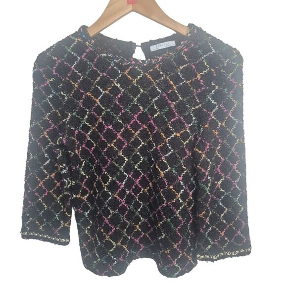 Zara Black Multicolor Boucle Knit Sweater Pearl Sleeves Tweed Holiday Size Small - Picture 2 of 4